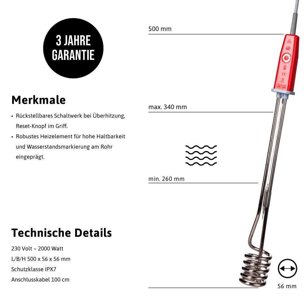Sicherheits-Tauchsieder 2000 Watt XXL